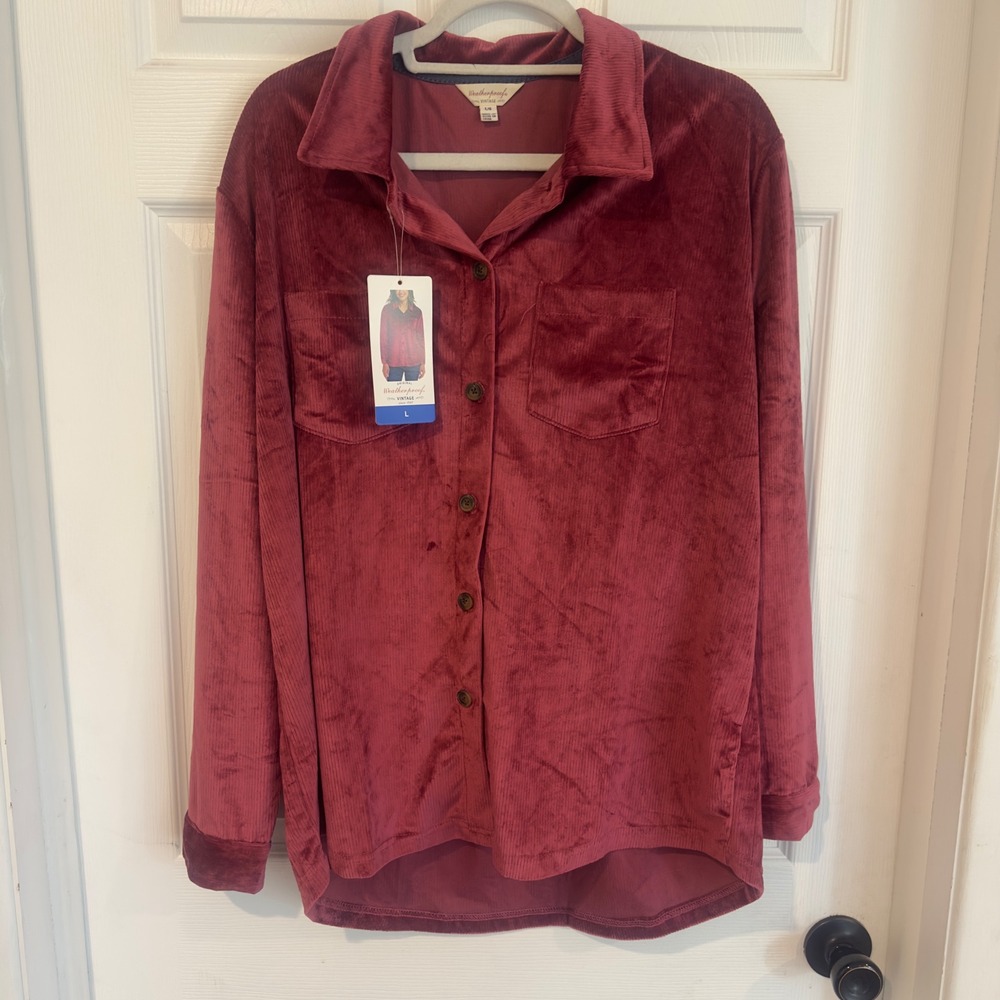 Weatherproof Vintage Womens Red Velvety Corduroy Button Down Shacket Shirt L NEW